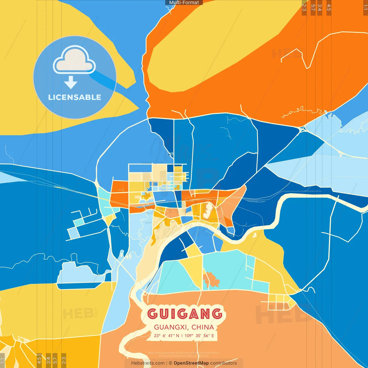 Guigang, Guangxi, China blue and orange vector art map template