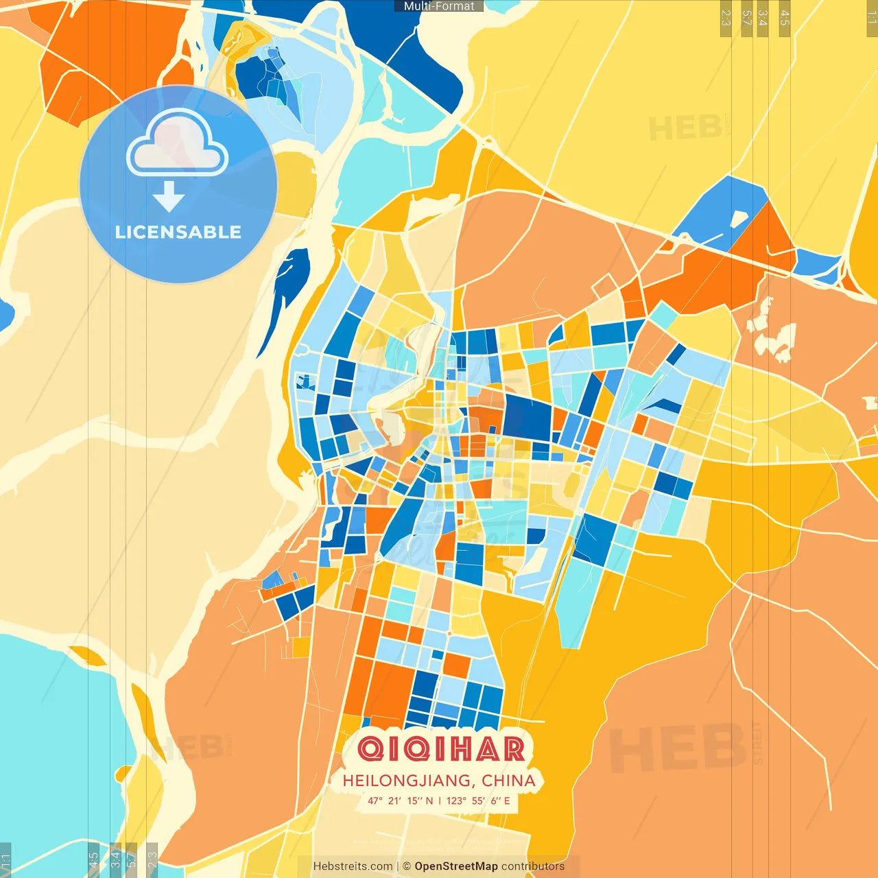 Qiqihar, Heilongjiang, China blue and orange vector art map template