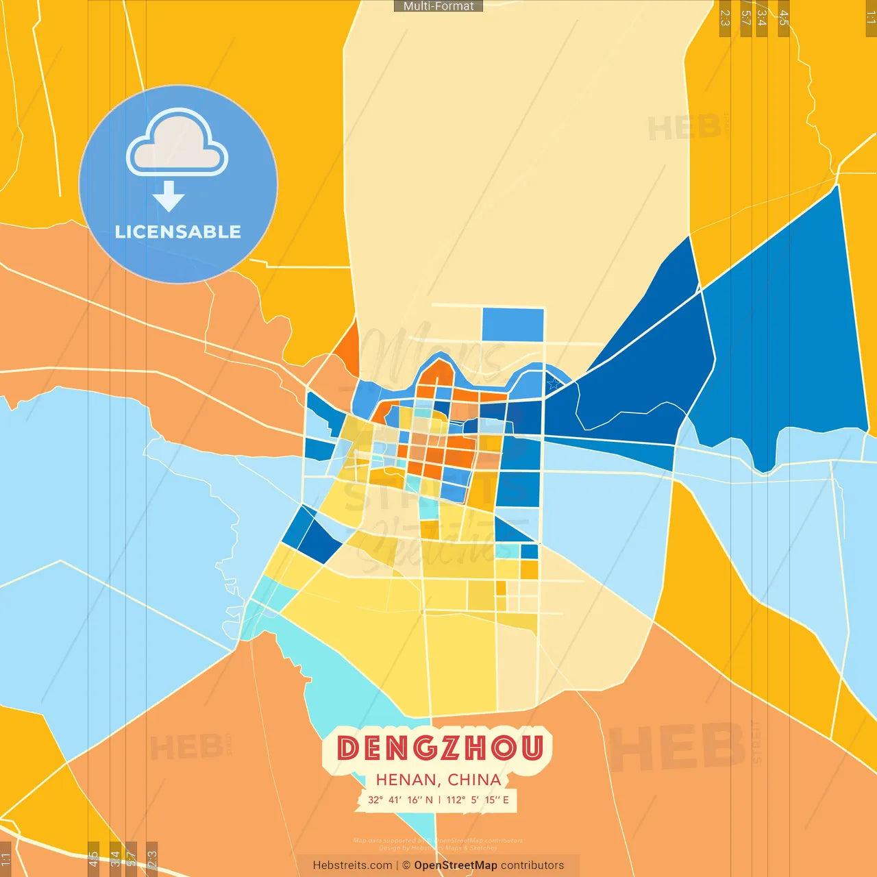 Dengzhou, Henan, China blue and orange vector art map template