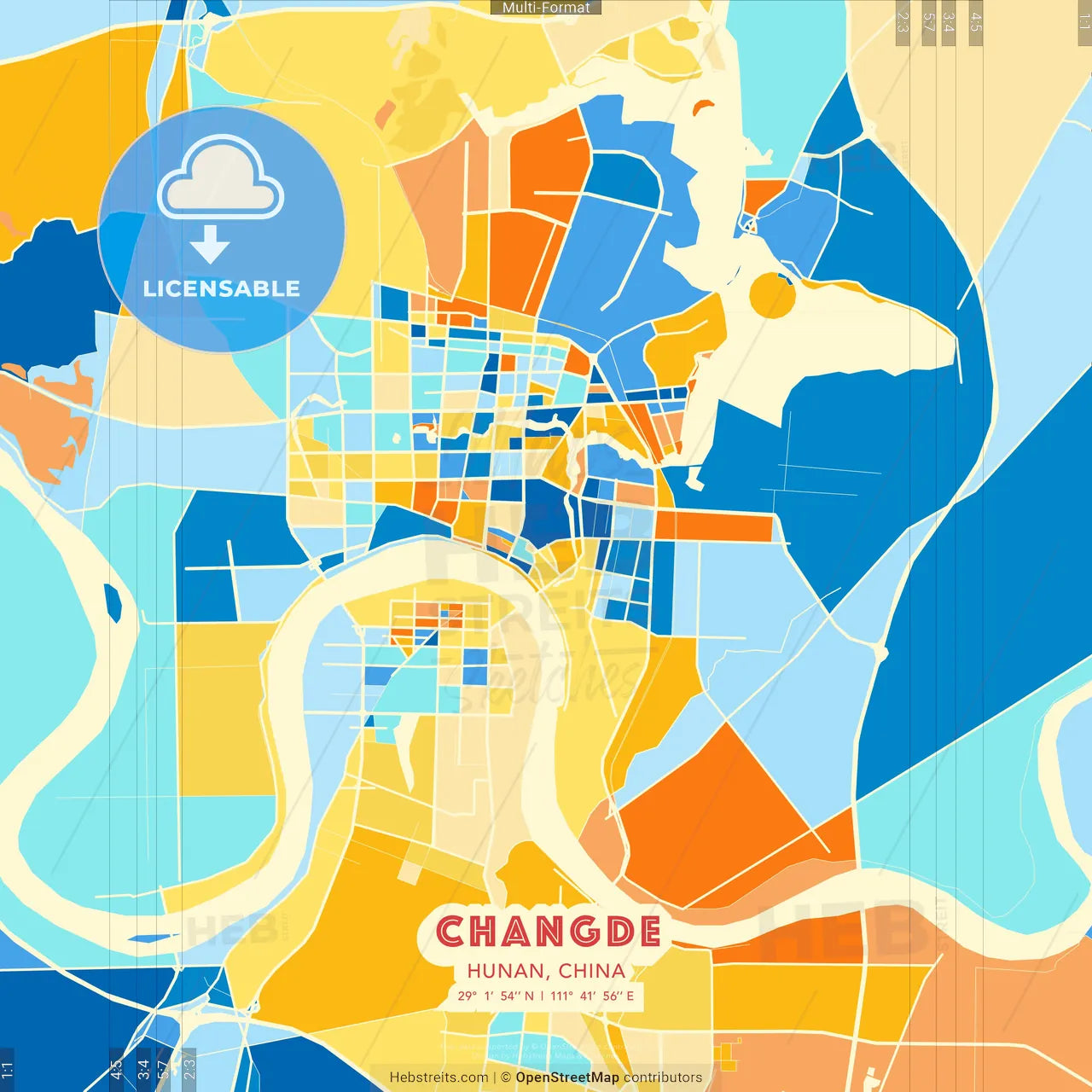 Changde, Hunan, China blue and orange vector art map template