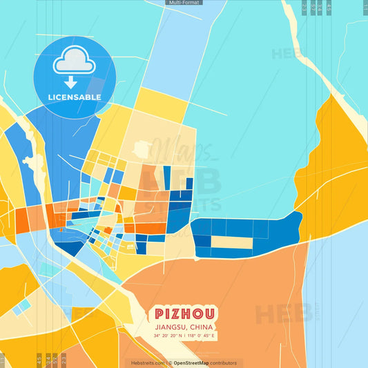 Pizhou, Jiangsu, China blue and orange vector art map template