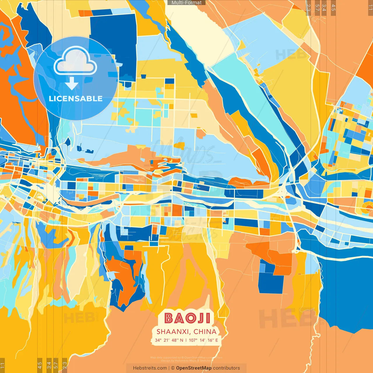 Baoji, Shaanxi, China blue and orange vector art map template