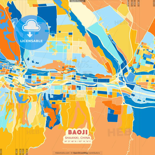 Baoji, Shaanxi, China blue and orange vector art map template