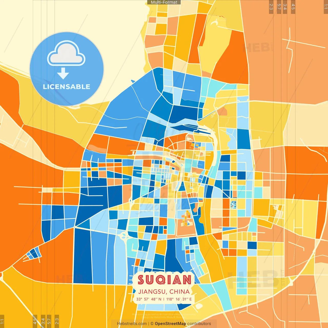Suqian, Jiangsu, China blue and orange vector art map template
