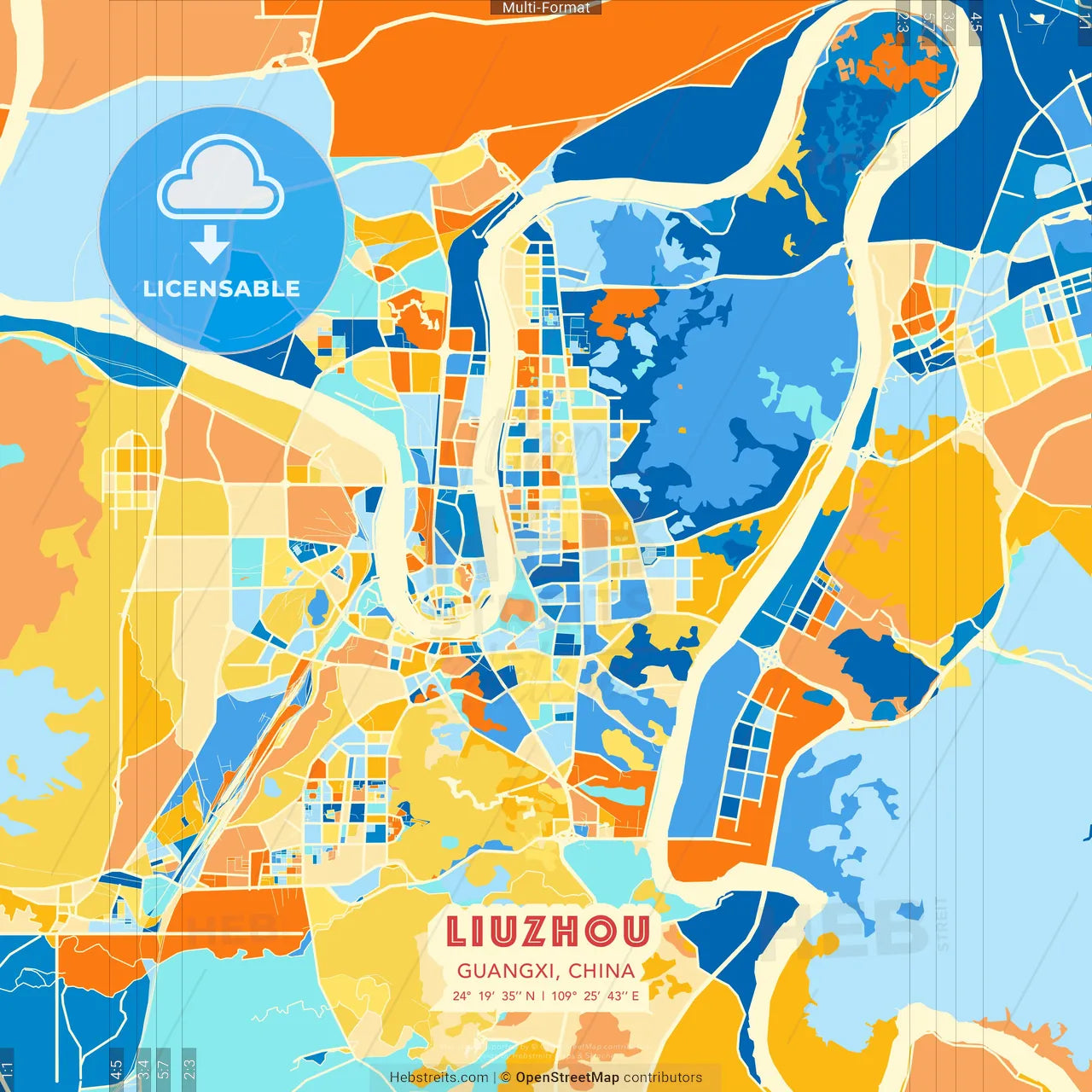 Liuzhou, Guangxi, China blue and orange vector art map template