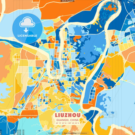 Liuzhou, Guangxi, China blue and orange vector art map template