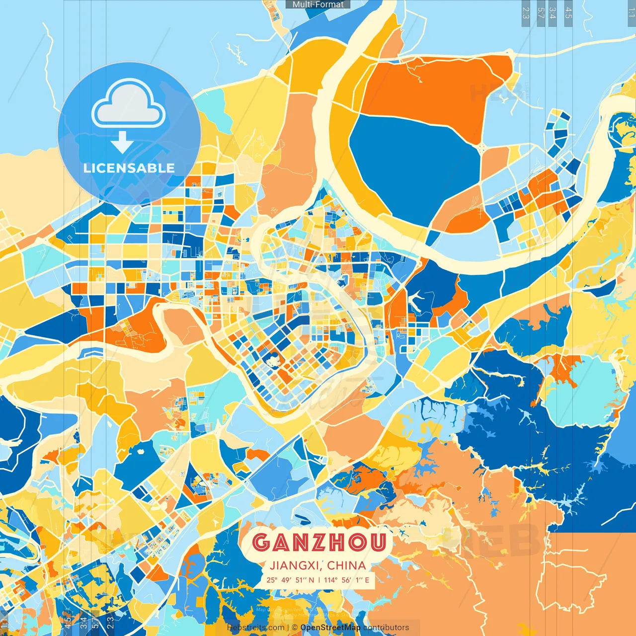 Ganzhou, Jiangxi, China blue and orange vector art map template