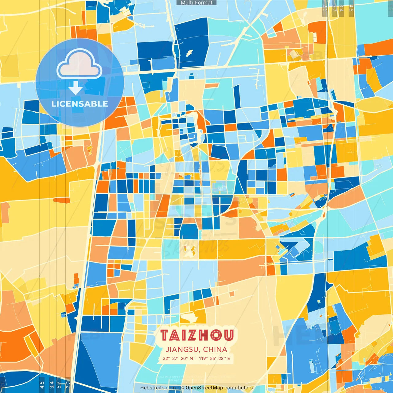 Taizhou, Jiangsu, China blue and orange vector art map template