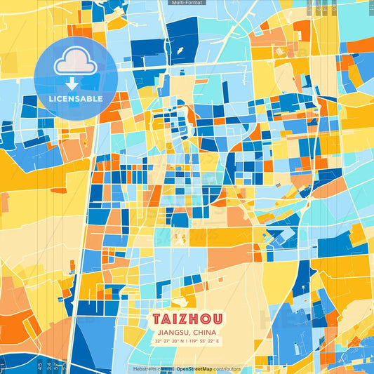 Taizhou, Jiangsu, China blue and orange vector art map template