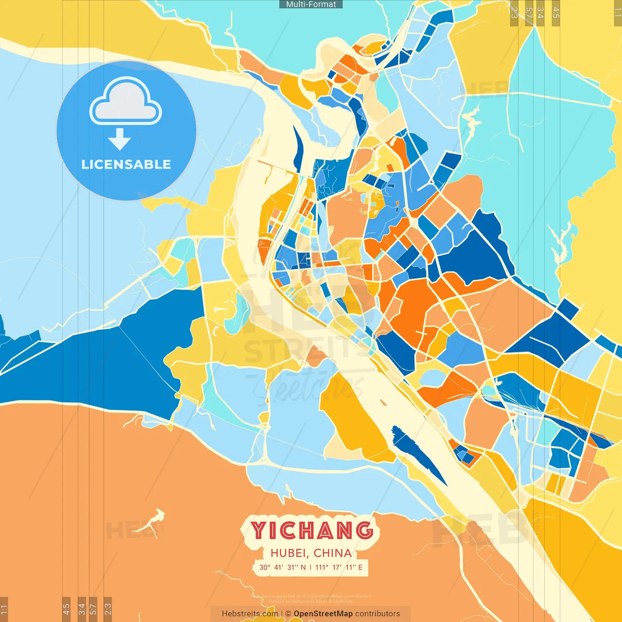 Yichang, Hubei, China blue and orange vector art map template