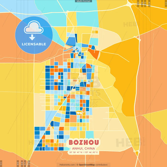 Bozhou, Anhui, China blue and orange vector art map template