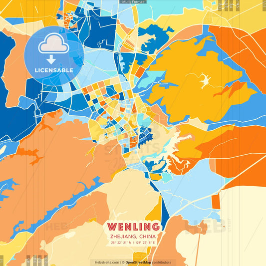 Wenling, Zhejiang, China blue and orange vector art map template