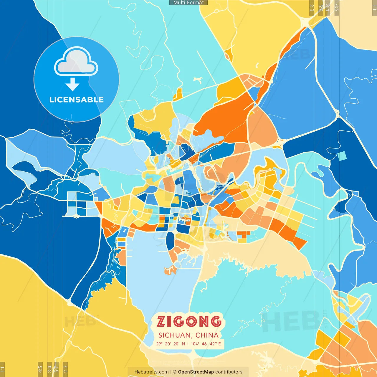 Zigong, Sichuan, China blue and orange vector art map template