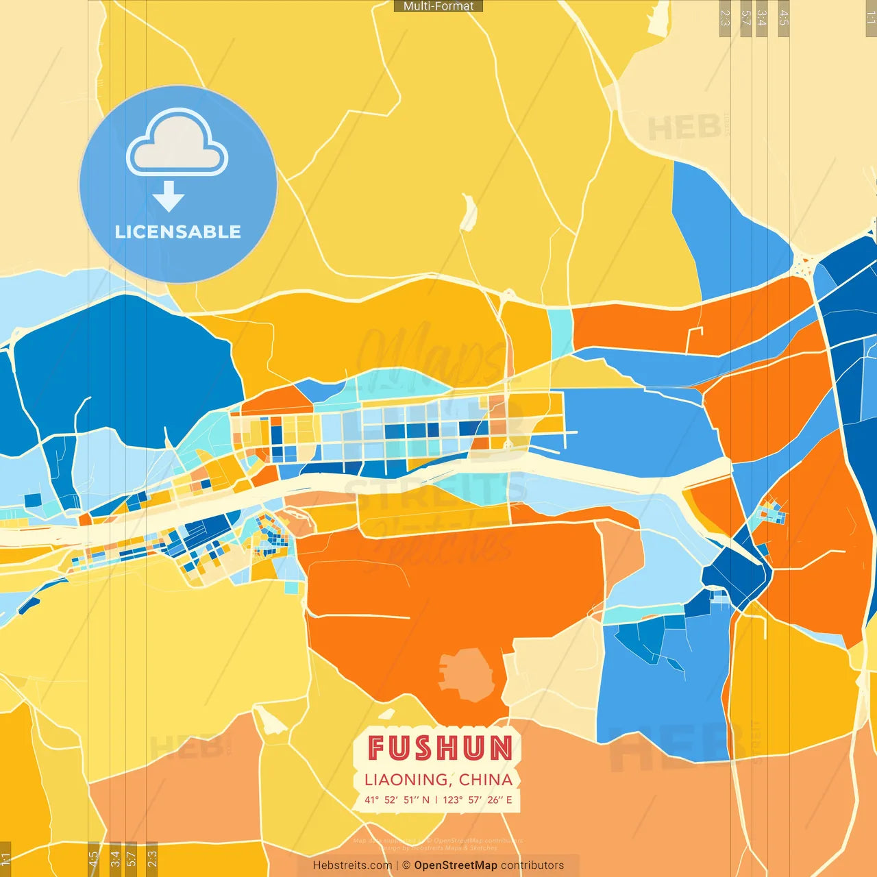 Fushun, Liaoning, China blue and orange vector art map template