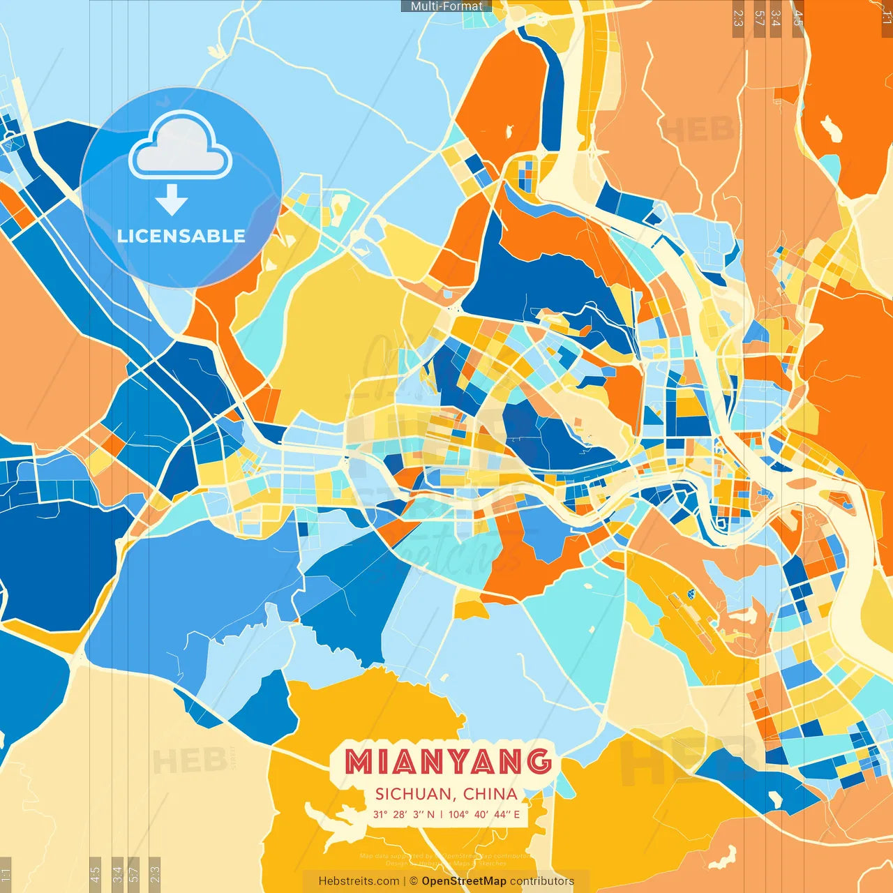 Mianyang, Sichuan, China blue and orange vector art map template