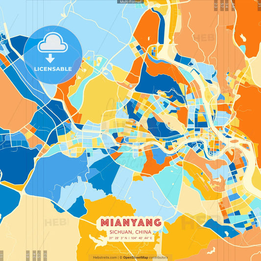 Mianyang, Sichuan, China blue and orange vector art map template