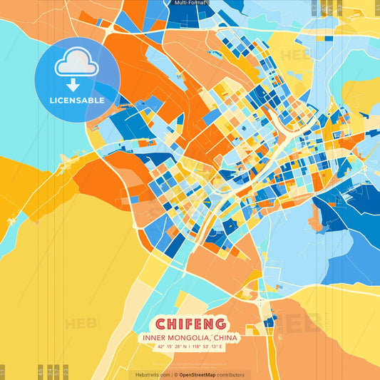 Chifeng, Inner Mongolia, China blue and orange vector art map template