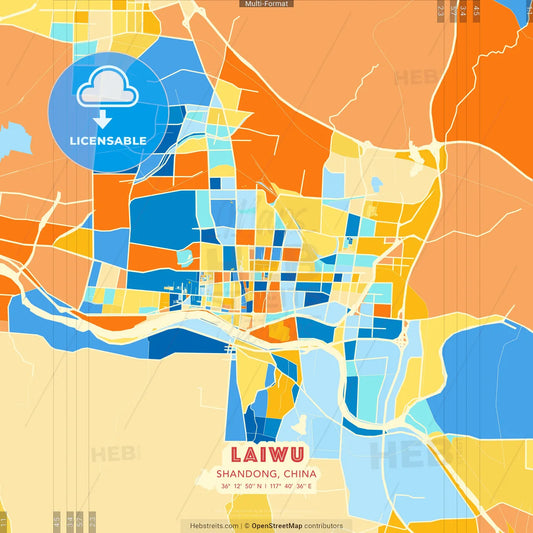 Laiwu, Shandong, China blue and orange vector art map template