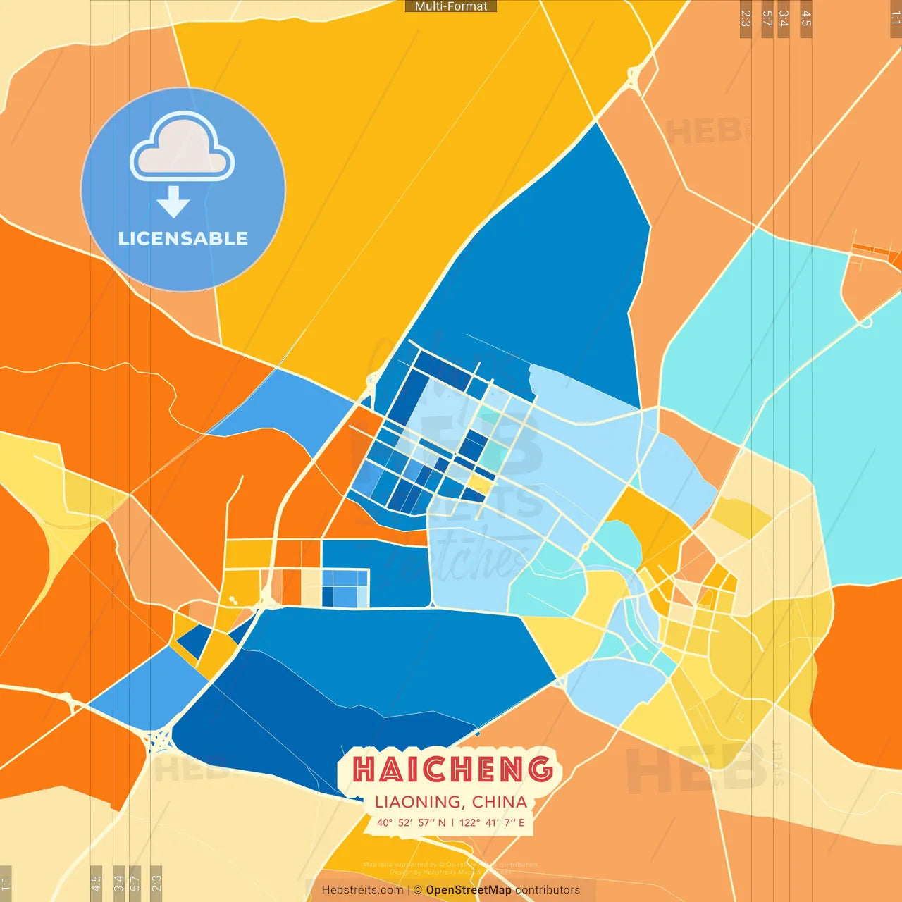 Haicheng, Liaoning, China blue and orange vector art map template