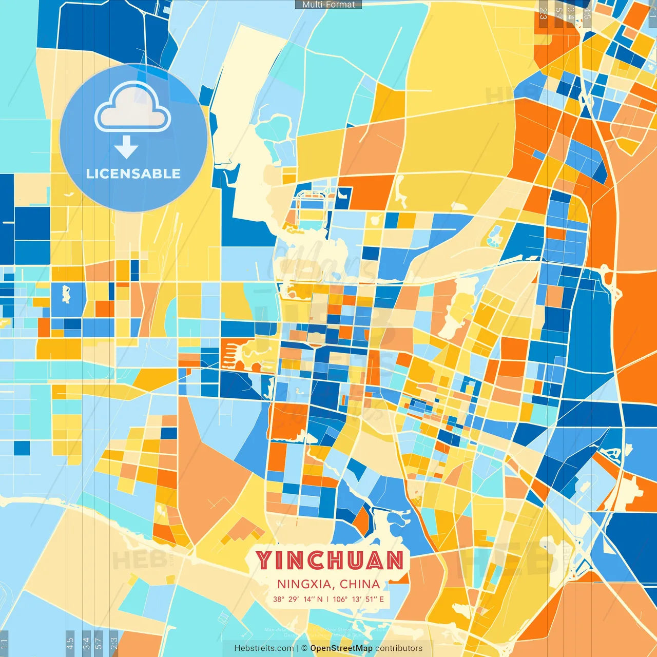 Yinchuan, Ningxia, China blue and orange vector art map template