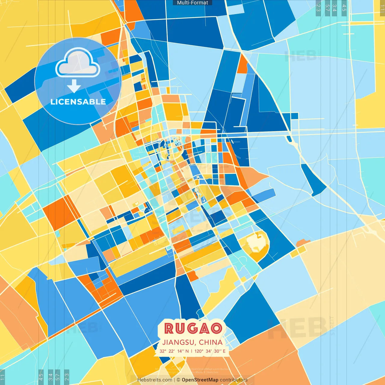 Rugao, Jiangsu, China blue and orange vector art map template