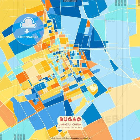 Rugao, Jiangsu, China blue and orange vector art map template