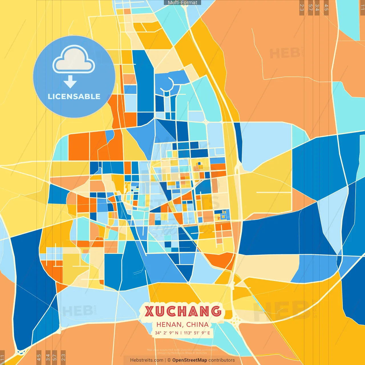 Xuchang, Henan, China blue and orange vector art map template