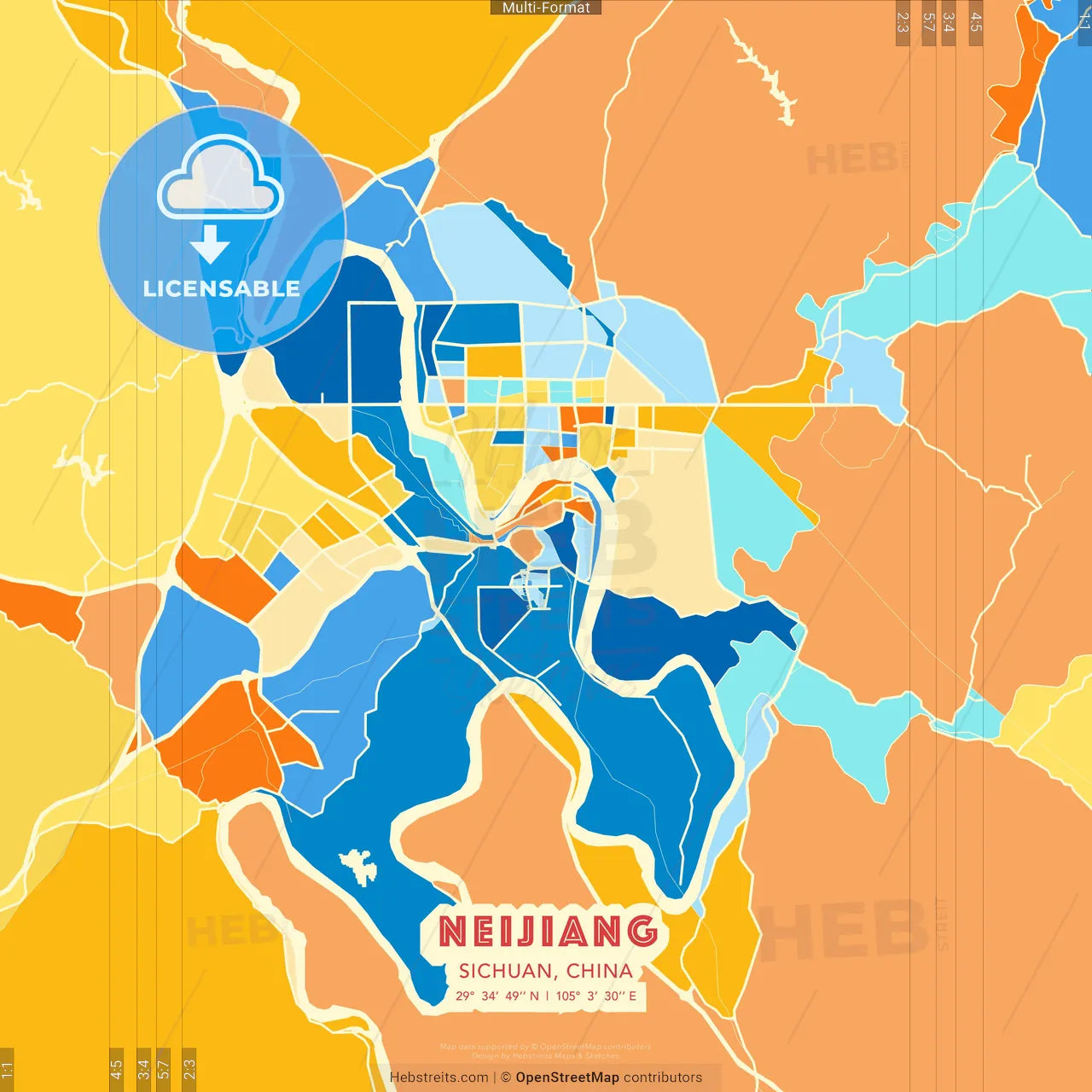 Neijiang, Sichuan, China blue and orange vector art map template
