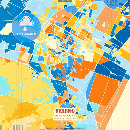 Yixing, Jiangsu, China blue and orange vector art map template