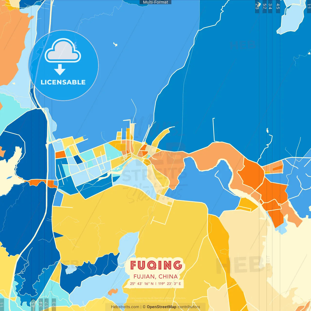 Fuqing, Fujian, China blue and orange vector art map template