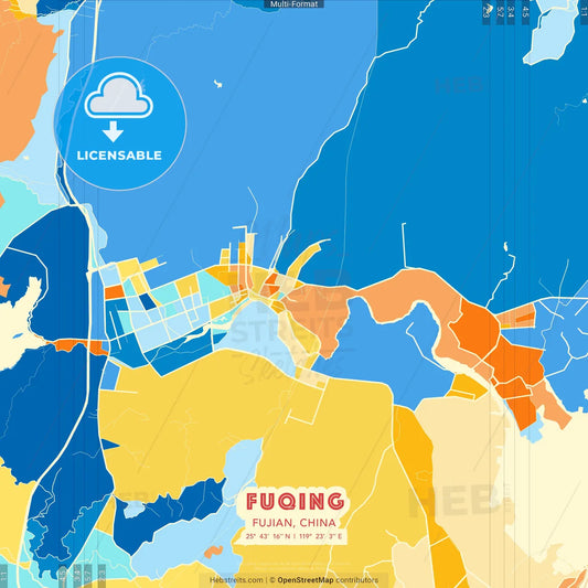 Fuqing, Fujian, China blue and orange vector art map template