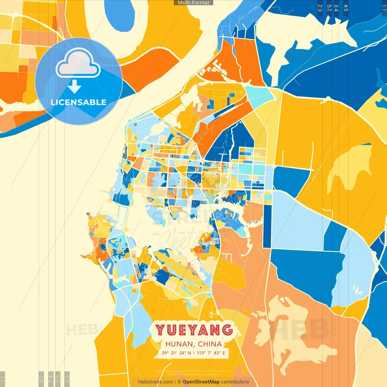 Yueyang, Hunan, China blue and orange vector art map template