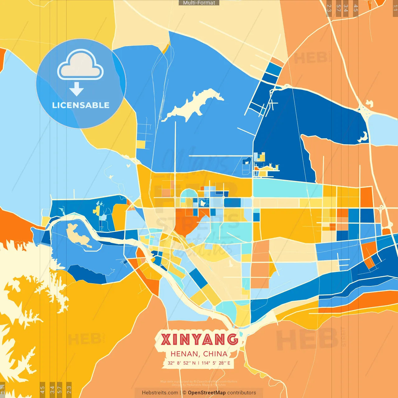 Xinyang, Henan, China blue and orange vector art map template