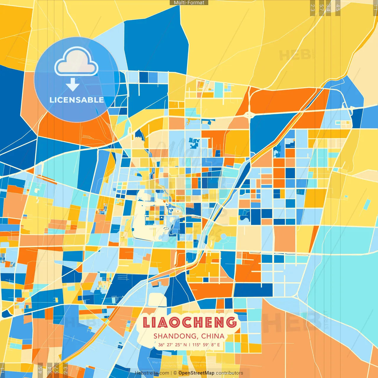 Liaocheng, Shandong, China blue and orange vector art map template