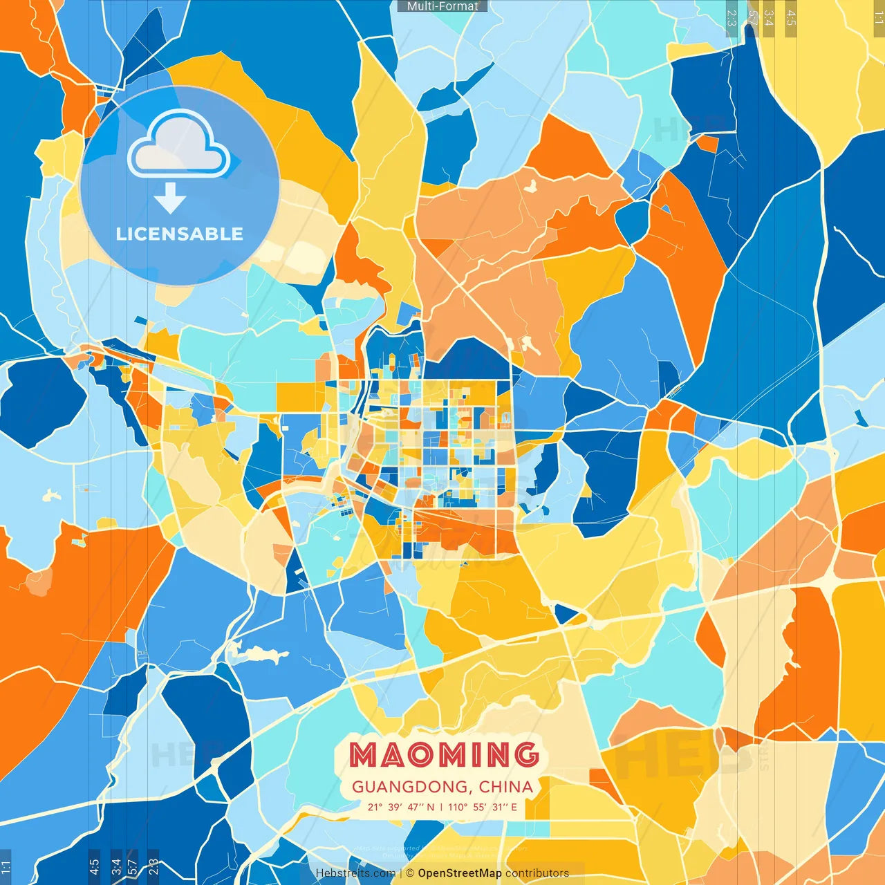 Maoming, Guangdong, China blue and orange vector art map template