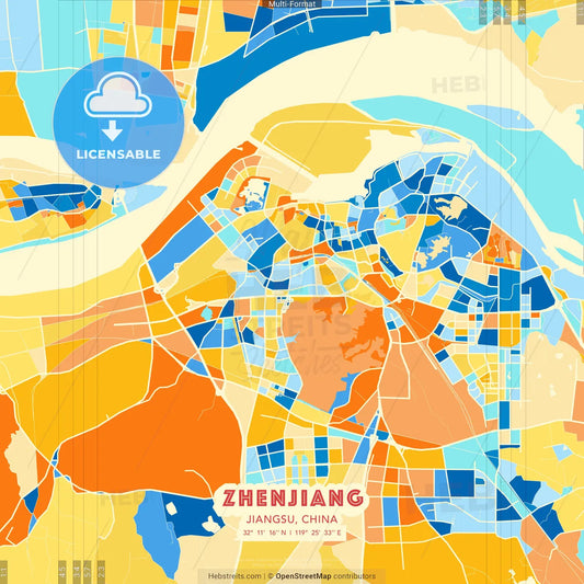 Zhenjiang, Jiangsu, China blue and orange vector art map template