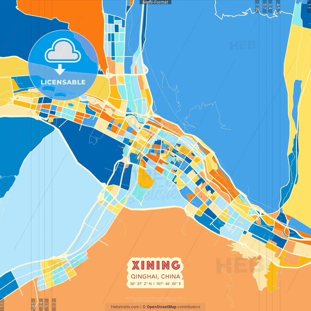Xining, Qinghai, China blue and orange vector art map template