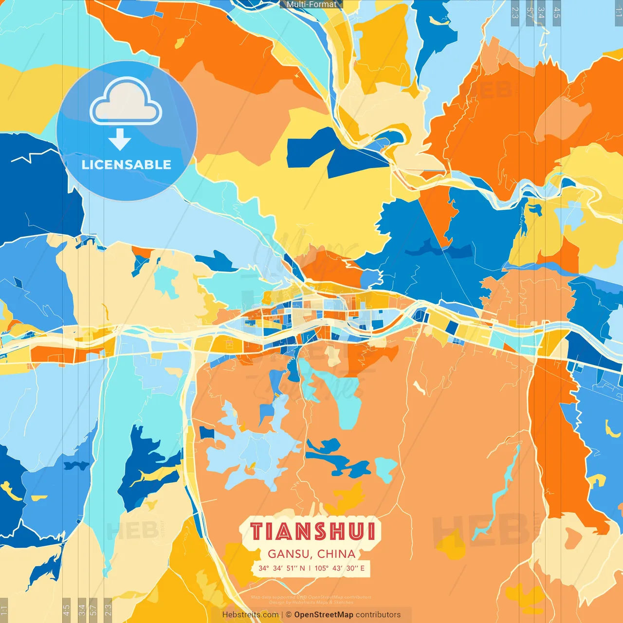 Tianshui, Gansu, China blue and orange vector art map template