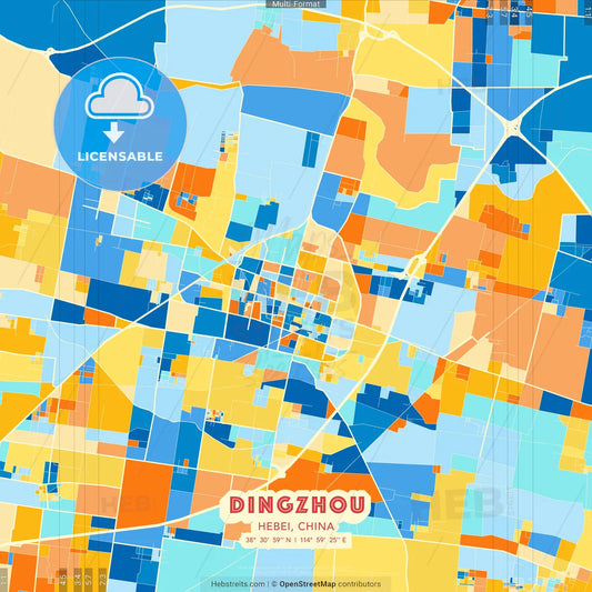 Dingzhou, Hebei, China blue and orange vector art map template