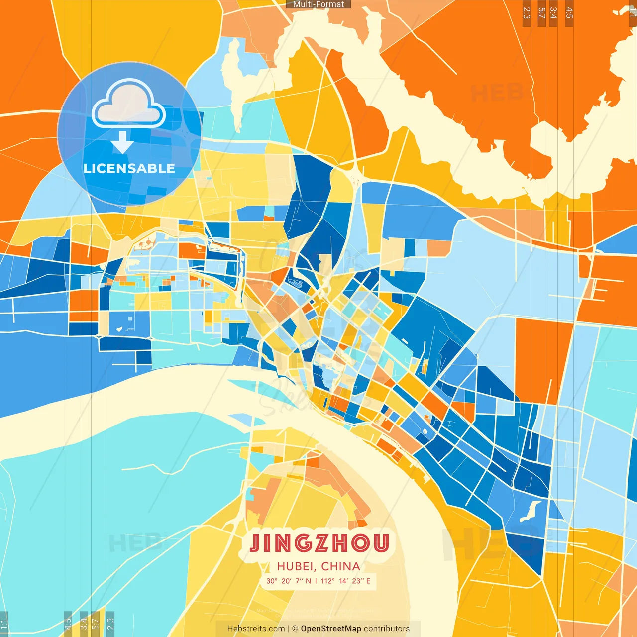 Jingzhou, Hubei, China blue and orange vector art map template