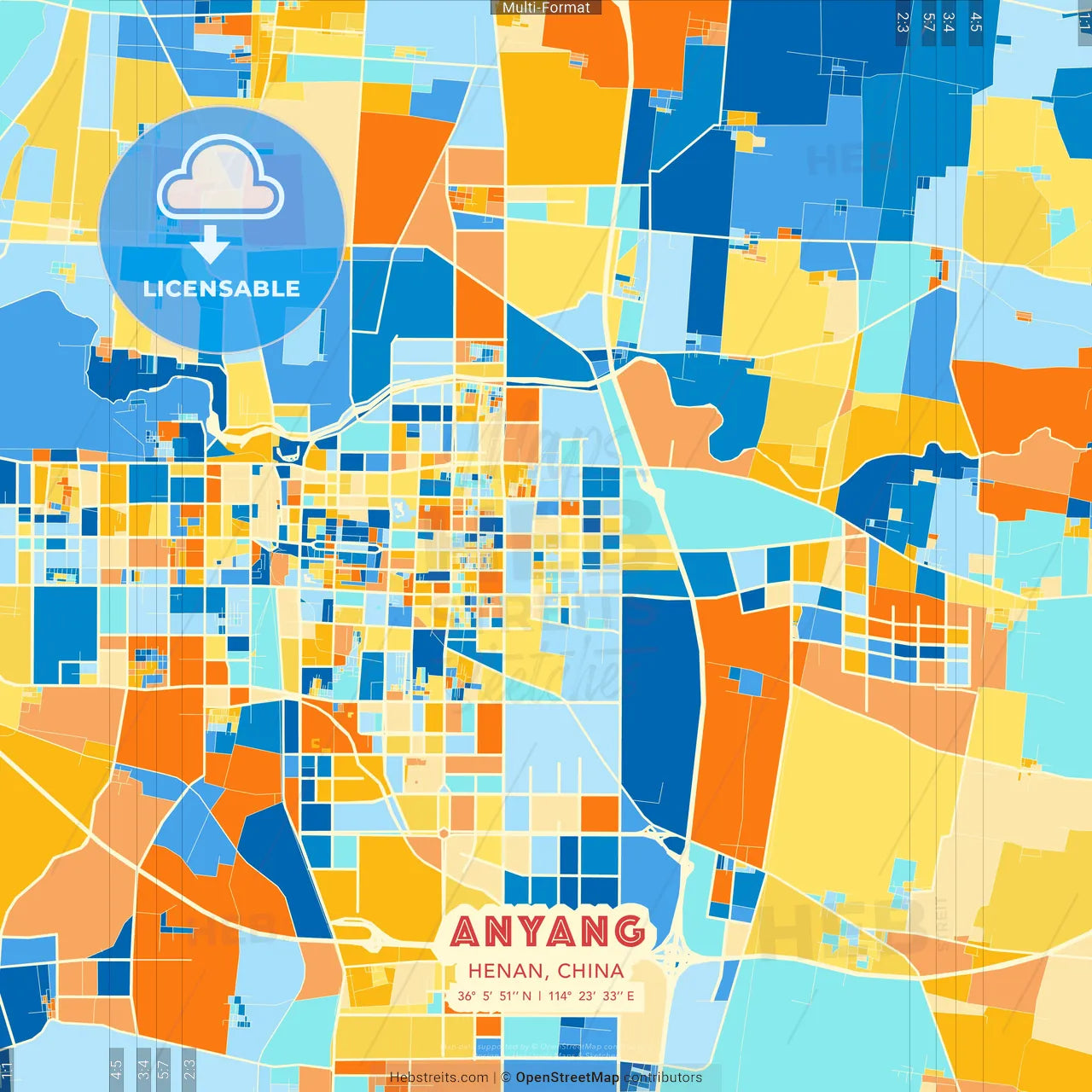 Anyang, Henan, China blue and orange vector art map template