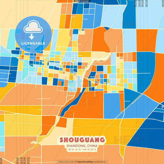 Shouguang, Shandong, China blue and orange vector art map template