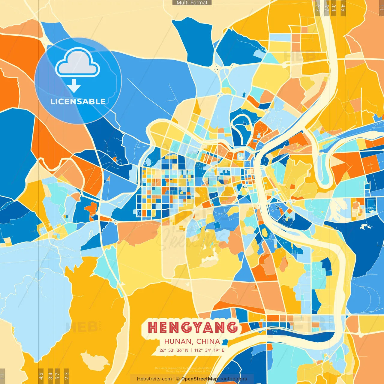 Hengyang, Hunan, China blue and orange vector art map template