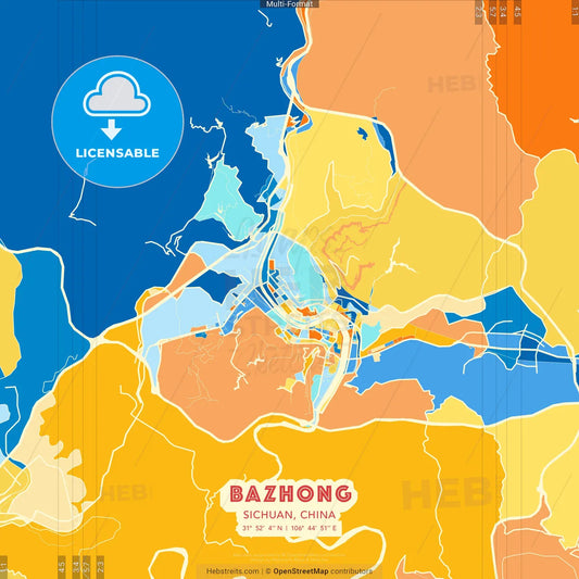 Bazhong, Sichuan, China blue and orange vector art map template
