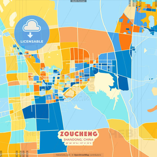 Zoucheng, Shandong, China blue and orange vector art map template