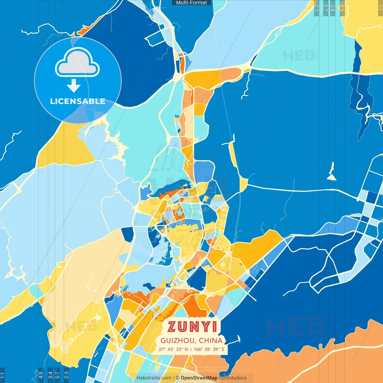 Zunyi, Guizhou, China blue and orange vector art map template