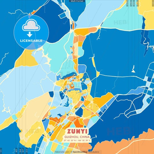 Zunyi, Guizhou, China blue and orange vector art map template
