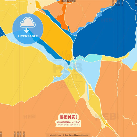 Benxi, Liaoning, China blue and orange vector art map template