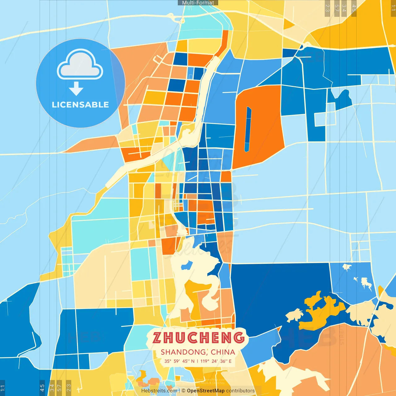 Zhucheng, Shandong, China blue and orange vector art map template