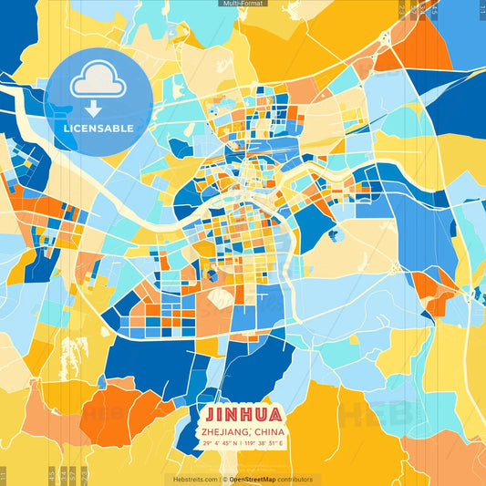 Jinhua, Zhejiang, China blue and orange vector art map template